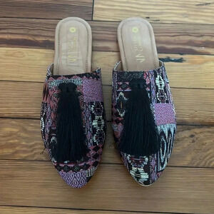 Silvia Cobos Tapestry Patterned Mules with Black Tassels - NWOT - Size 8